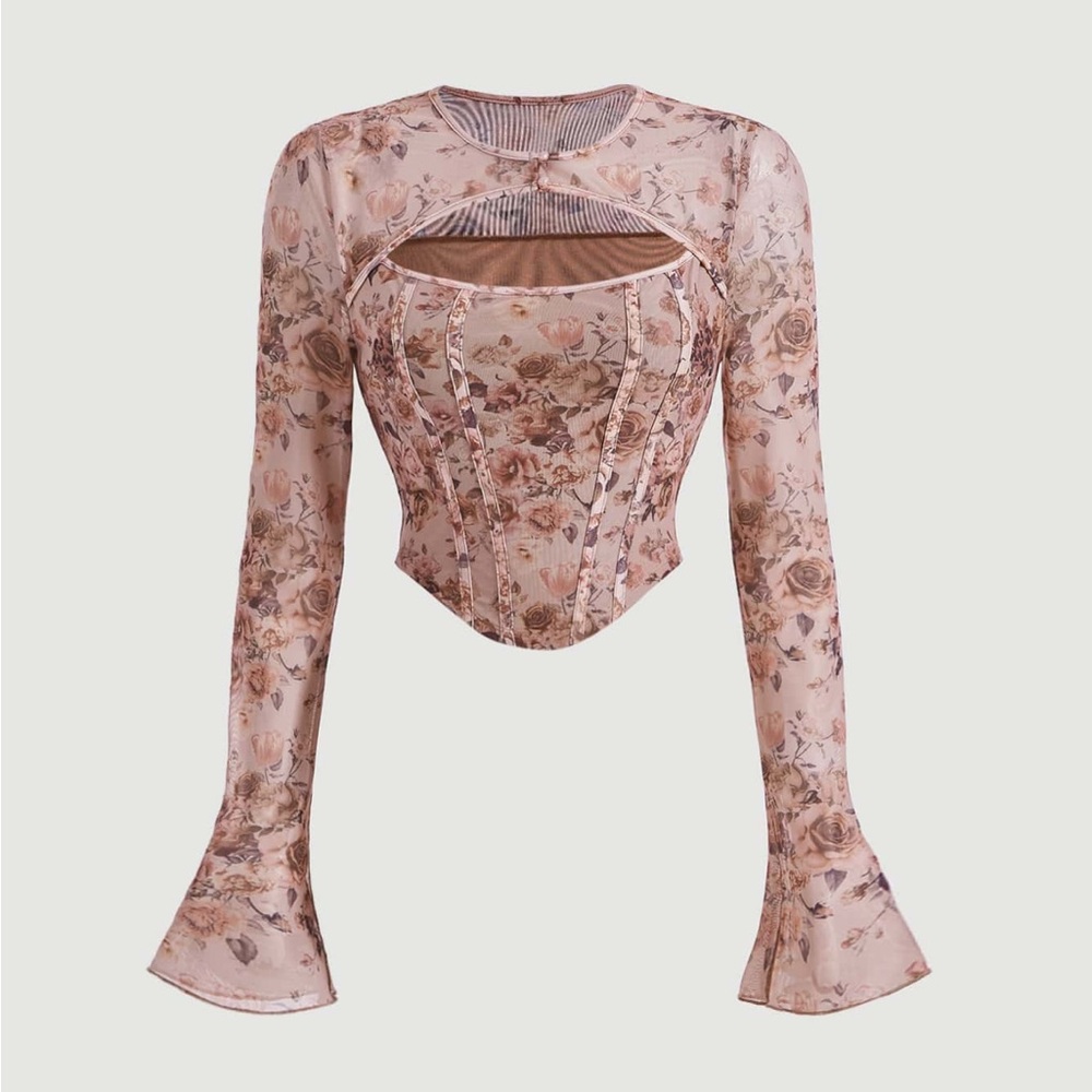 Pink Velvet Crop Top with Bell Sleeves and Cutout